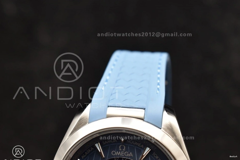 on Dial 43mm A8938 Edition 1:1 Rubber Worldtimer Aqua Terra Blue Best Summer Strap Blue GMT VSF Clone Super 1111